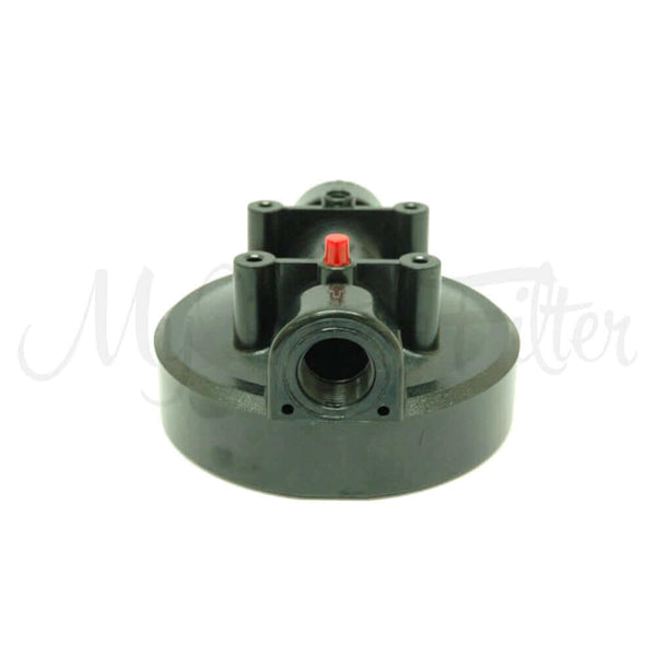 Close-up of a Big Blue Black Cap featuring a red button and two large cylindrical sections on top, with a 1