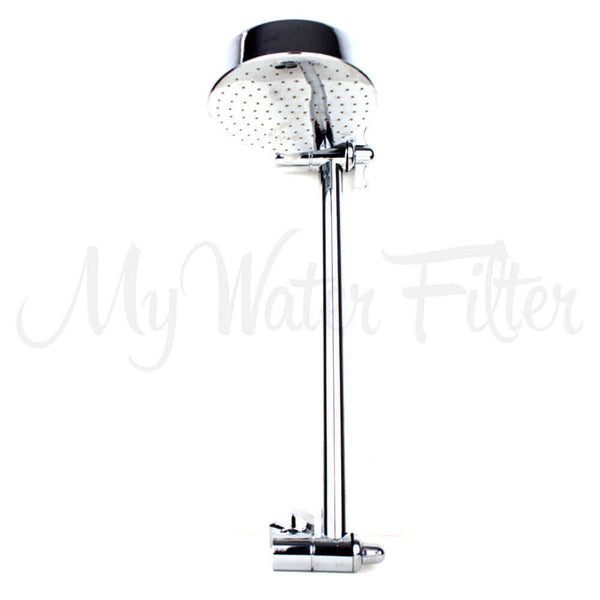 Standard All Directional Shower Head with Arm, a sleek chrome shower accessory designed to elevate your bathroom experience. This versatile fixture features a round sprinkler mounted on an adjustable vertical rod.