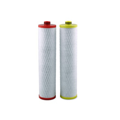 Two Aquasana AQ-RO3-R OptimH2O water filter cartridges, featuring one with red ends which is the carbon filter and the other with yellow ends called the claryum filter.