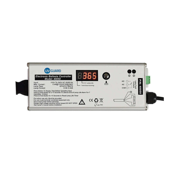 UV Guard UV Controller 40050 features Lamp On-Off LEDs, Lamp Fail Alarm, a Digital Lamp Life Timer, and BMS Fault Connections.