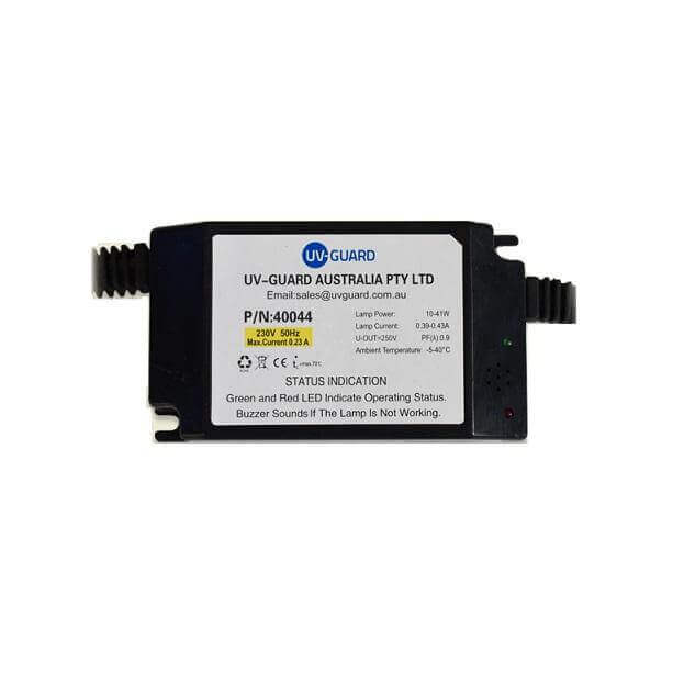 The UV Guard UV Basic Controller 40044 features on-off LEDs, a lamp fail alarm, and connectors on both ends, designed for SLT2, 30 & 40 models (requires shelter).