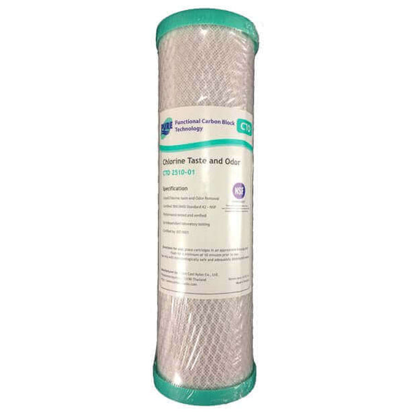 Pure CTO Coconut Carbon Block Water Filter Replacement Cartridge (10" x 2.5"), featuring white cylindrical design with green caps, is labeled "Chlorine Taste and Odor" and equipped with "Functional Carbon Block Technology.