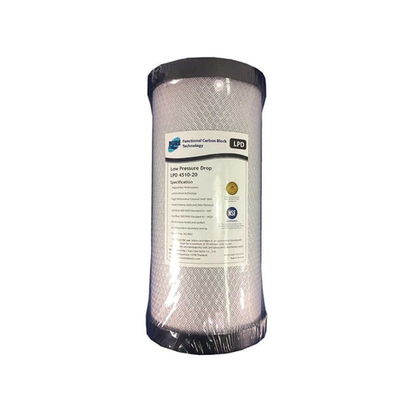 A High Performance Filtration cylindrical water filter carbon block cartridge wrapped in plastic packaging, featuring a label and certifications from the Replacement Cartridge Pack for HPF 10