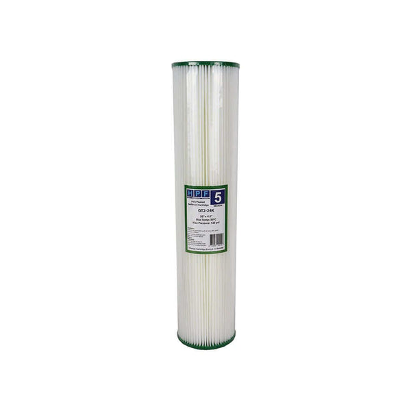 A white cylindrical water filter with green ends and a central label. It's the HPF 5 Micron Pleated Sediment Whole House Water Filter Replacement Cartridge, measuring 20" x 4.5".