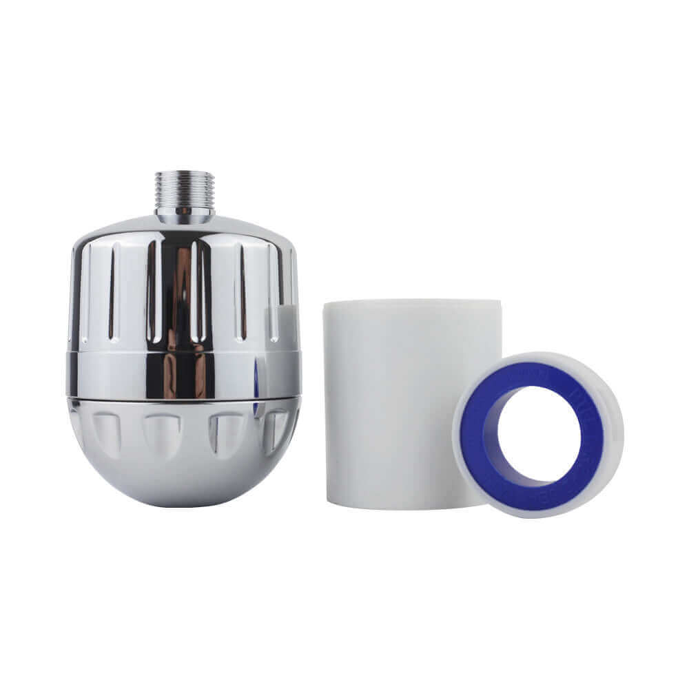 Deluxe Chrome Shower Filter provides a luxurious and chlorine-free shower experience, featuring a white filter and a roll of plumbing tape.