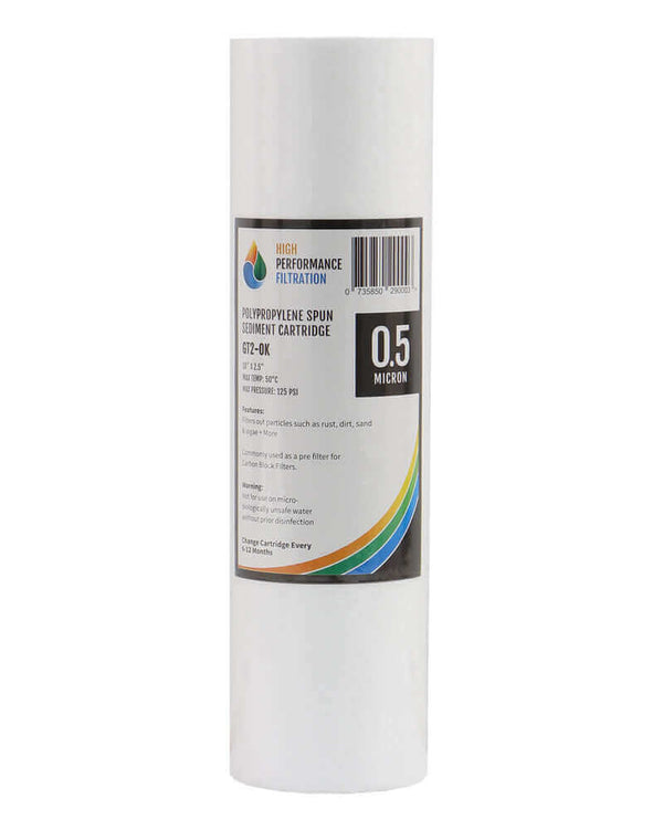 A white filtration cartridge HPF 0.5 Micron Polyspun Sediment Water Filter Replacement Cartridge 10" x 2.5" featuring product details and specifications.