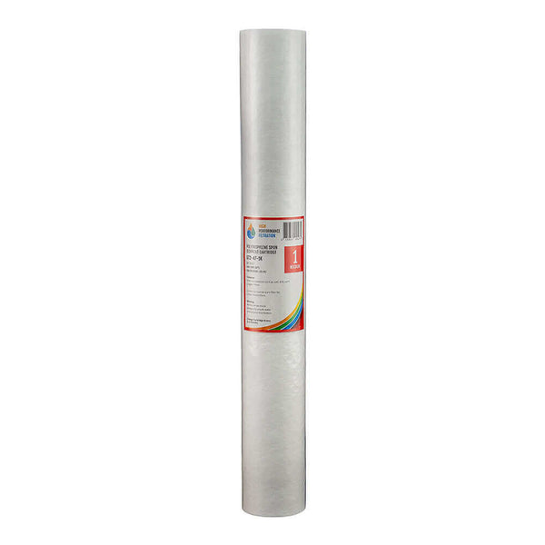 The HPF 1 Micron Polyspun Sediment Whole House Water Filter Replacement Cartridge 20" x 2.5", branded as High Performance Filtration, with its red label, is positioned upright against a plain background.