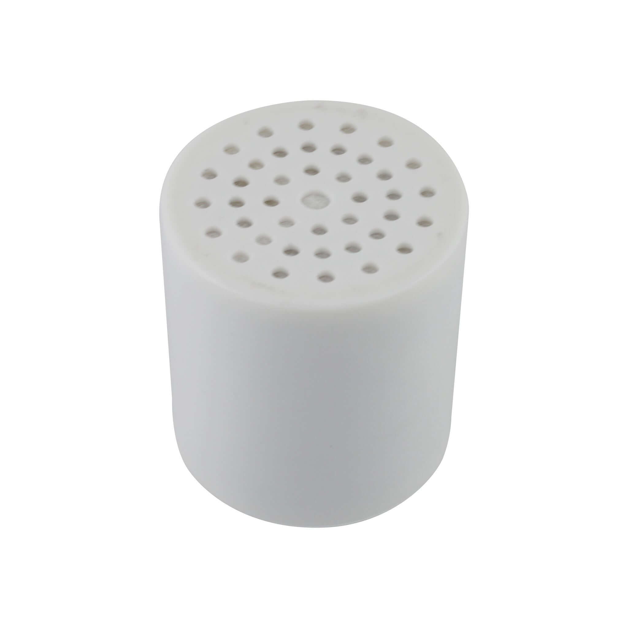 A Replacement Cartridge for the Deluxe Chrome Shower Filter with small holes on top, perfect for providing a chlorine-free shower experience.