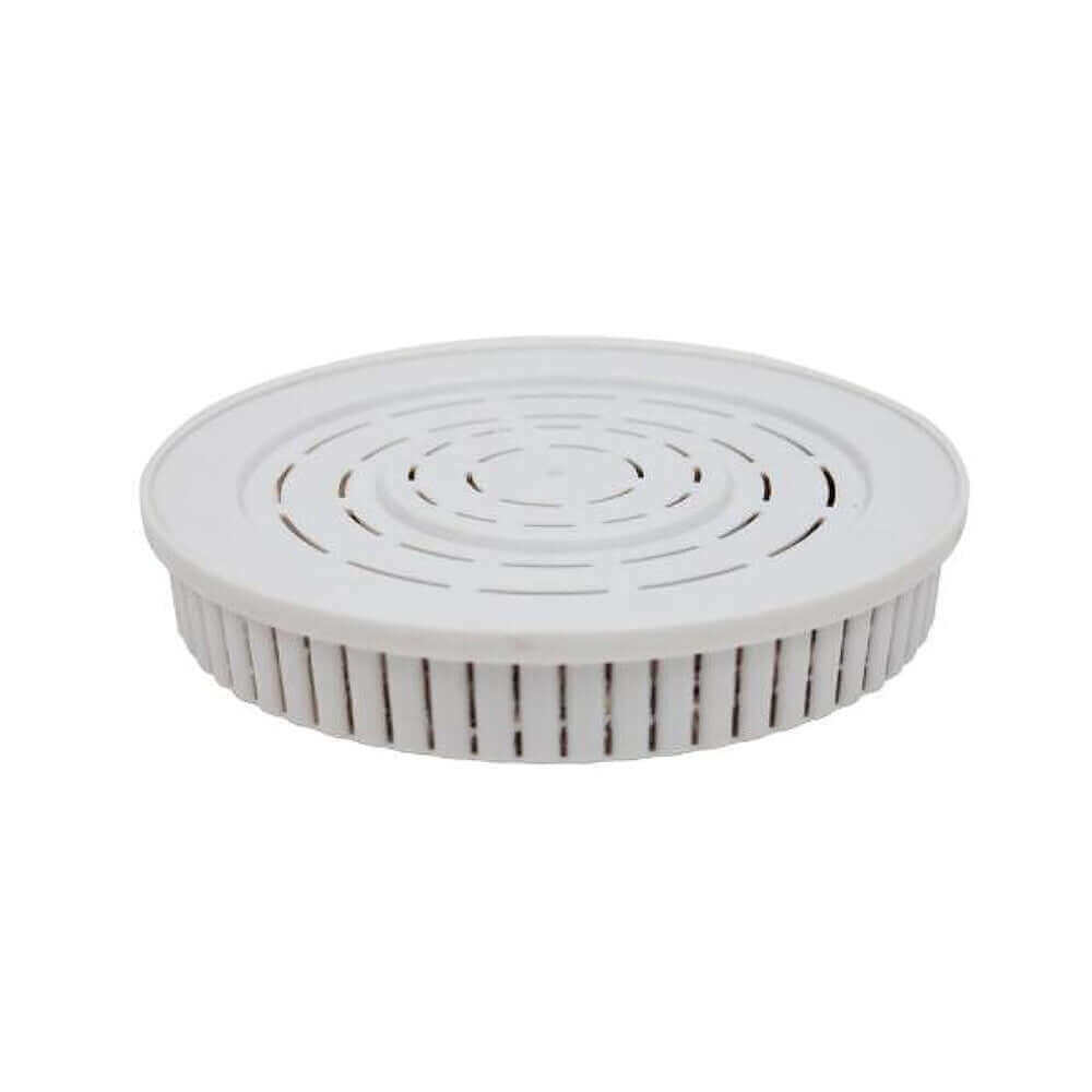 White round plastic vent cover with a slotted top design and side vents, perfect for systems using the Mineral Pad Replacement for the 6 and 7 Stage Multi Use pH Elevation Benchtop Gravity Water Filter.