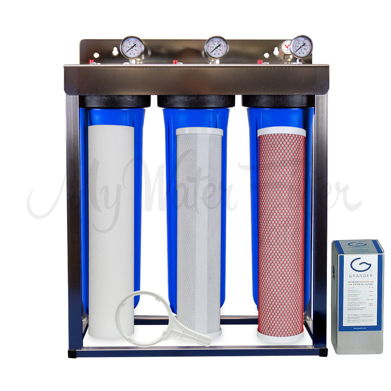 MWF 20" x 4.5" Triple Big Blue Whole House Water Filter System with Aragon Complete with GRANDER