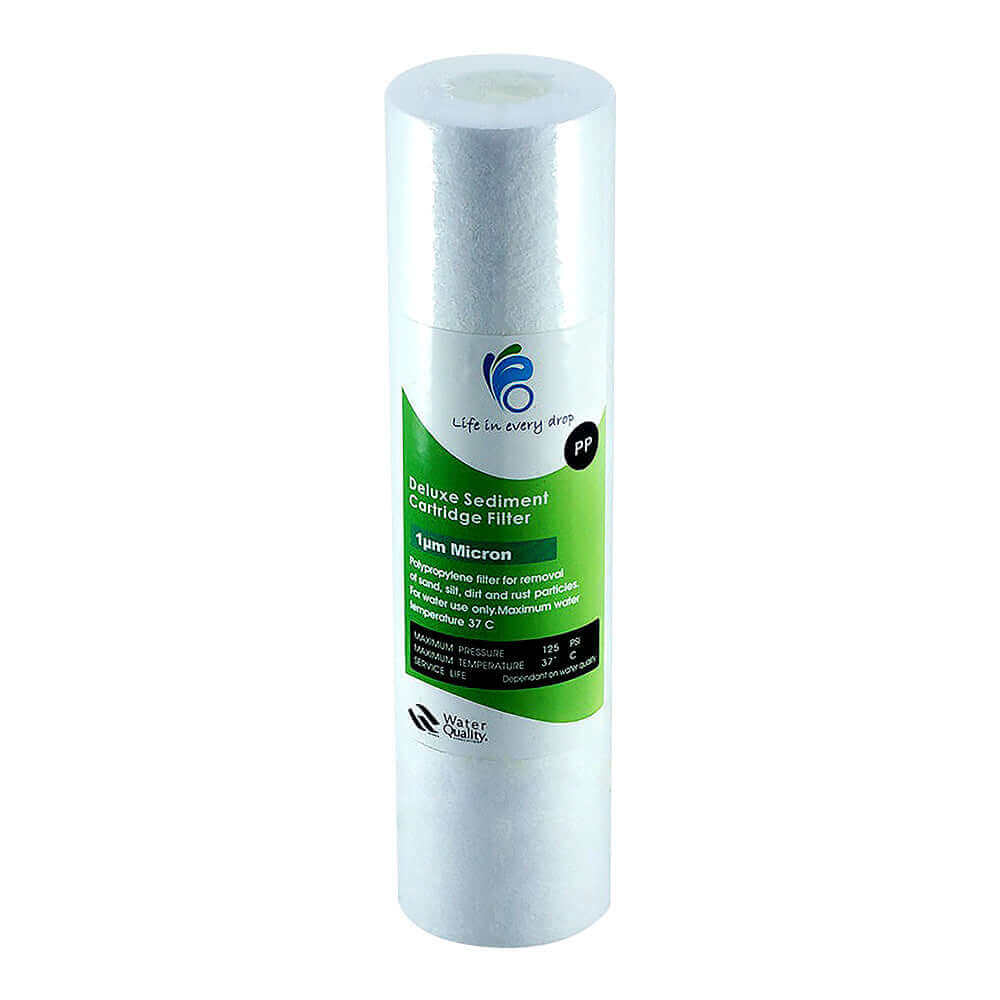 White cylindrical water filter with a green label, labeled 