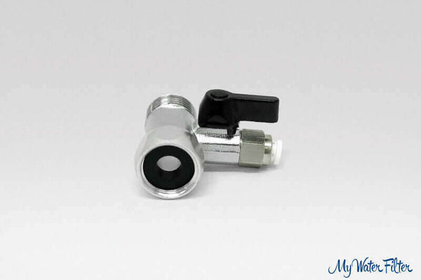 A quick connect T-piece in chrome with a black lever and threaded end.