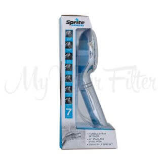 A side view of Sprite Pure 7 Stage Hand Held Shower Head packaged in a box with a transparent front, displaying the product and its features.