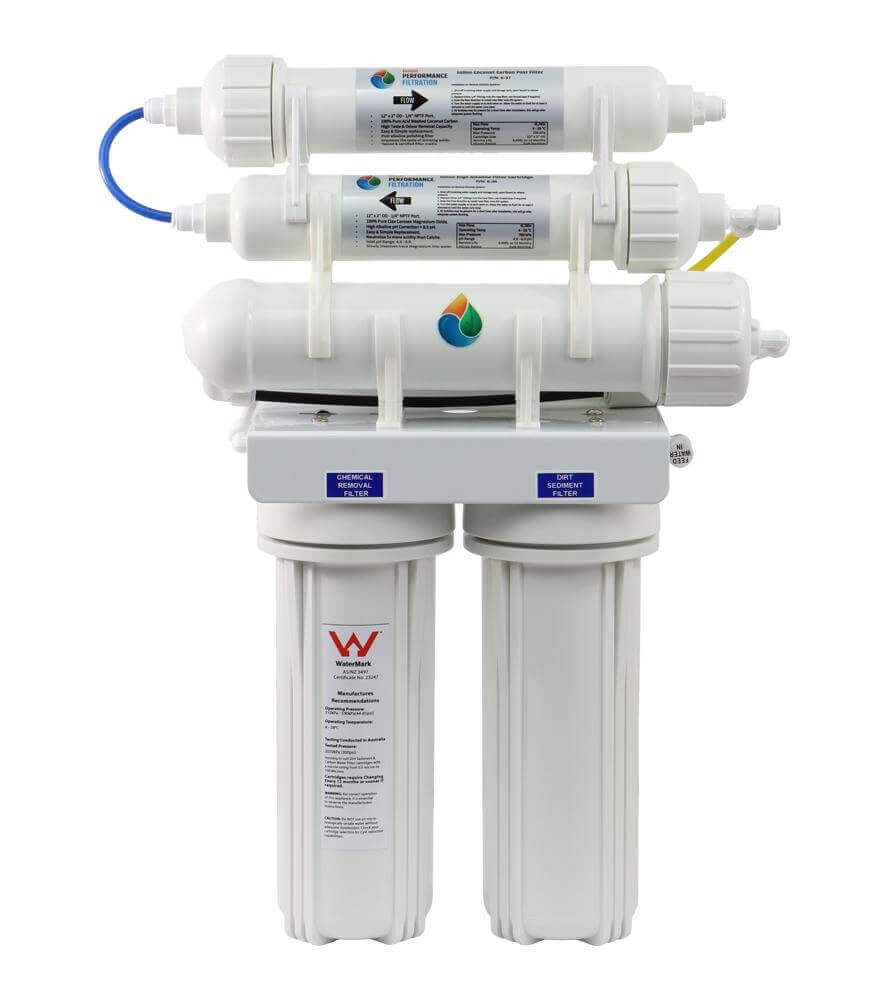 HPF five-stage reverse osmosis water filter with alkaliser, three top-mounted filters, and two bottom housings.