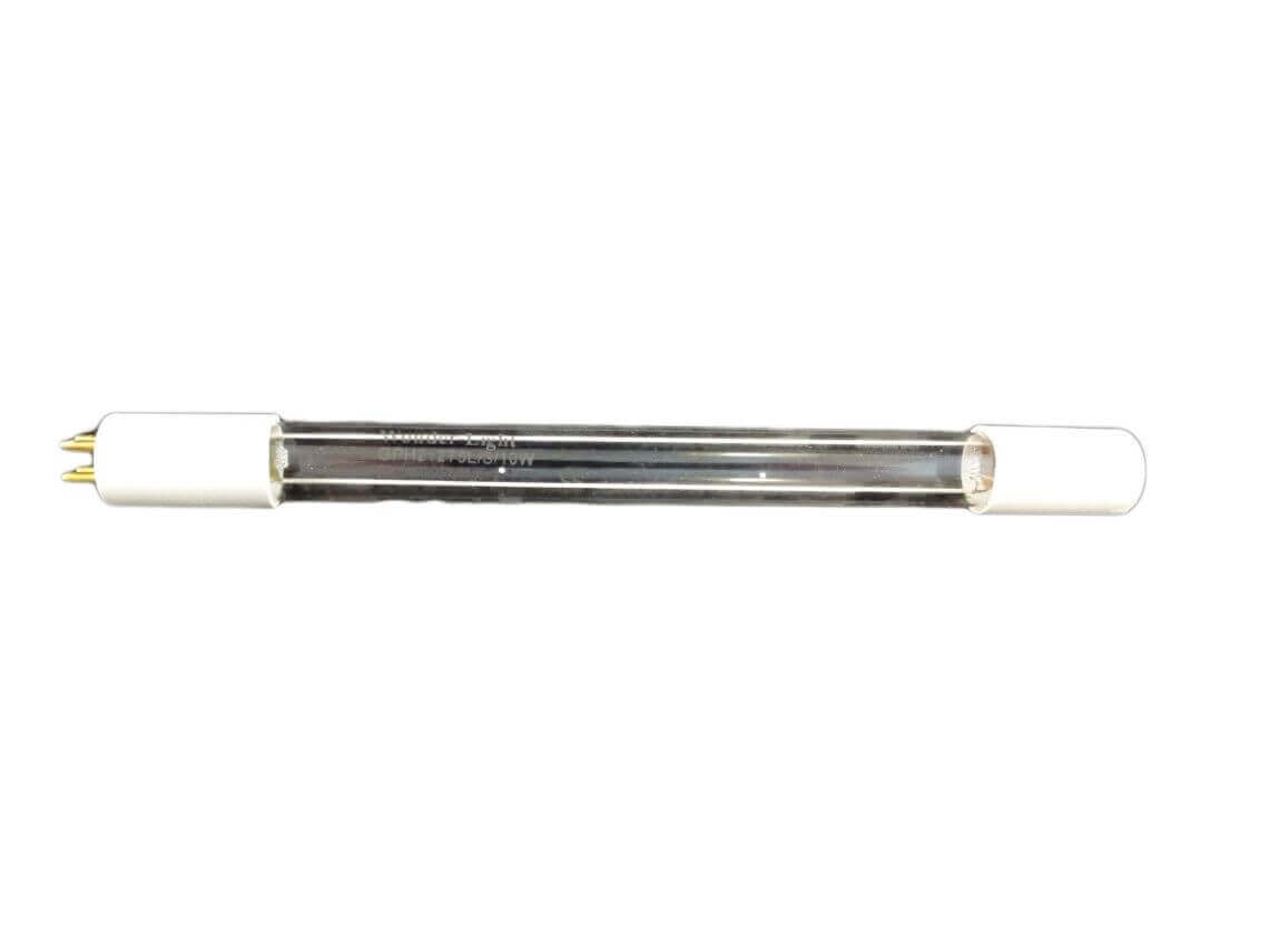 A UV lamp featuring a clear fluorescent tube with white ends and four pins—two gold pins on one side—designed for compatibility with 3.8Lt/Min UV systems