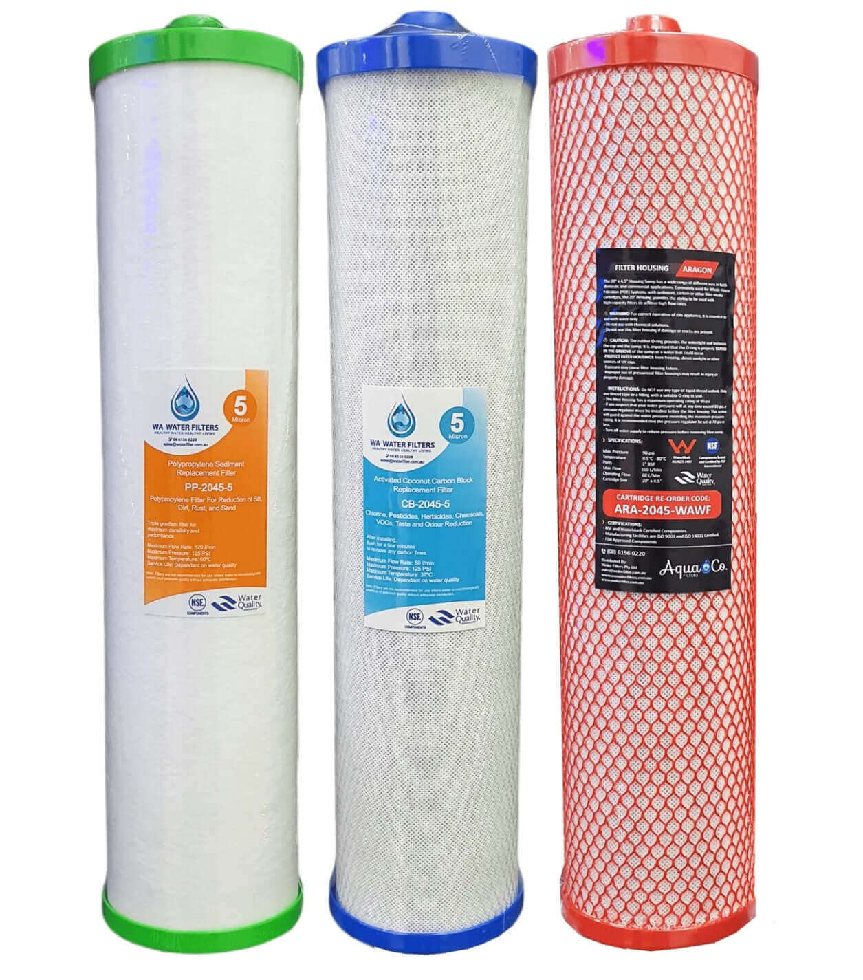 The AquaCo Premium Triple Whole House Water Filter with Aragon Cartridge Pack includes three filter cartridges featuring the sediment, carbon block and Aragon in green, blue, and red end caps, respectively.