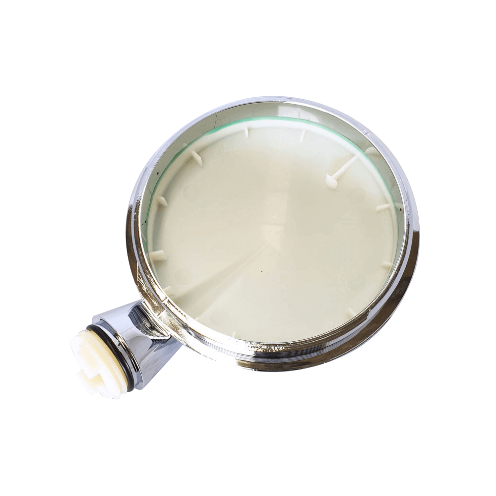 The Aroma Sense Q Back Cover, from the brand Aroma Sense Q, features a sleek silver coloured shower head with a circular face set against a white background and includes the luxurious Aroma Sense technology.