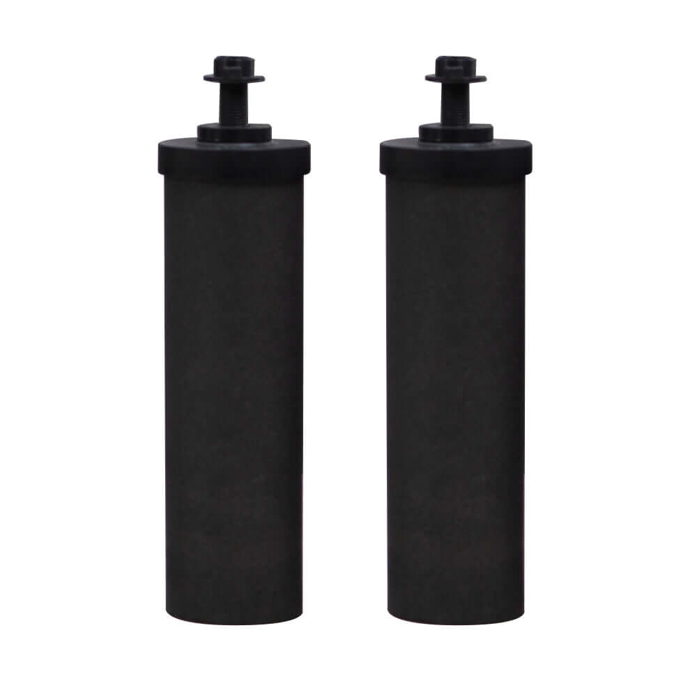 Two Filteroo® 8” Rain & City Water Carbon Block Gravity Water Filter Cartridges, featuring sleek black caps, stand upright against a white background, crafted for efficient water filtration.