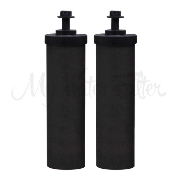 Two Filteroo® 8” carbon block gravity water filter cartridges, featuring screw-on tops and advanced filtration for both rain and city water, are positioned side by side against a white background.