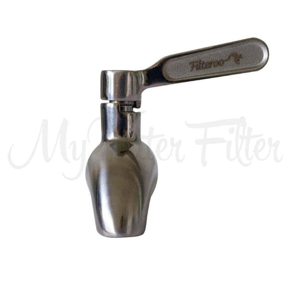 The Filteroo Stainless Steel Tap by Filteroo features a sleek metal lever with a short spout, engineered for quick-flow water dispensing.