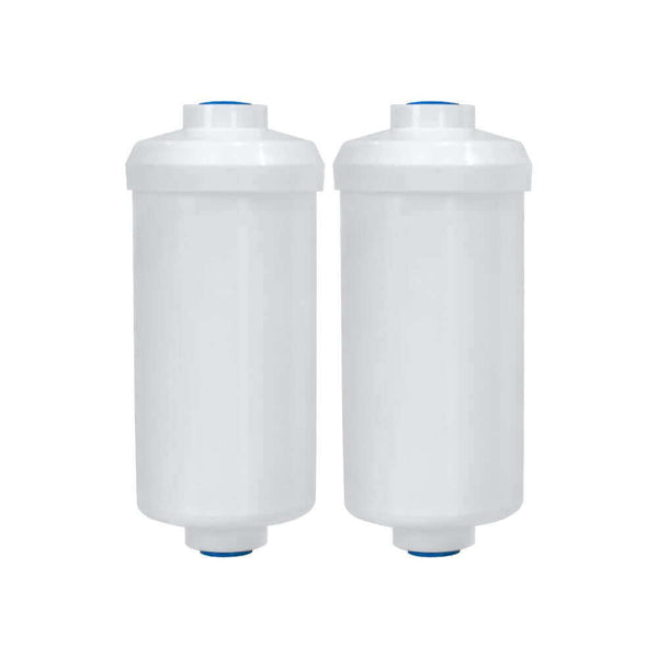 Two Filteroo® MAX Fluoride Removal Gravity Water Filter Cartridges in white with blue caps.