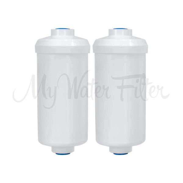 Two Filteroo® MAX Fluoride Removal Gravity Water Filter Cartridges in white with blue caps.