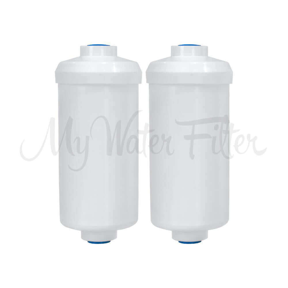 Two Filteroo® MAX Fluoride Removal Gravity Water Filter Cartridges in white with blue caps.
