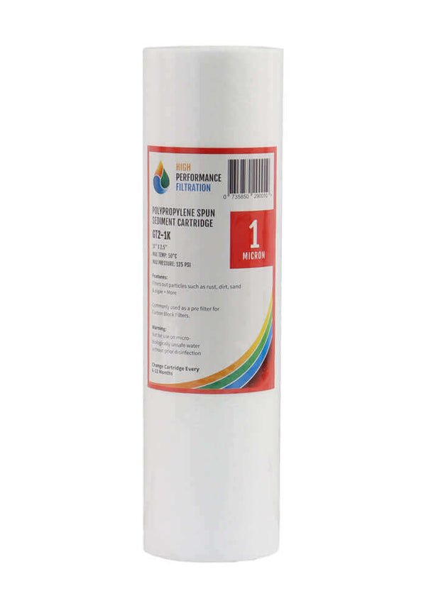 A High Performance Filtration cartridge labeled "1 Micron," featuring colorful graphics, serves as a polypropylene spun sediment filter, specifically designed as a 10" x 2.5" water filter replacement.