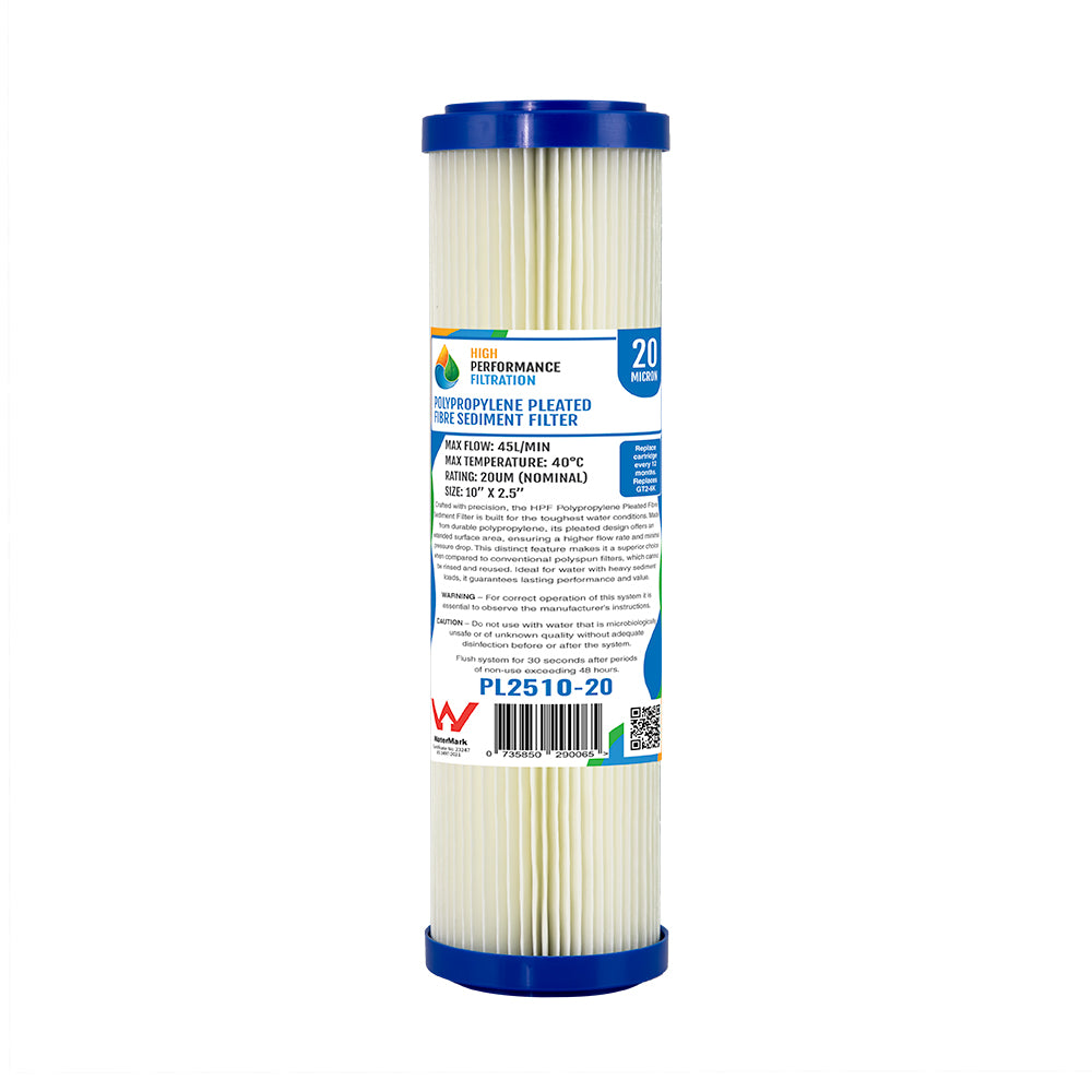 This 10" white pleated sediment water filter cartridge, labeled with "20 Micron" is crafted for efficient impurity removal from your water supply. It's ideal for those looking for dependable undersink filtration solutions. Part of the Replacement Cartridge Pack for the Triple Stage Under Sink Water Filter System with Ultraviolet Light and pH Neutralisation for Untreated Water.