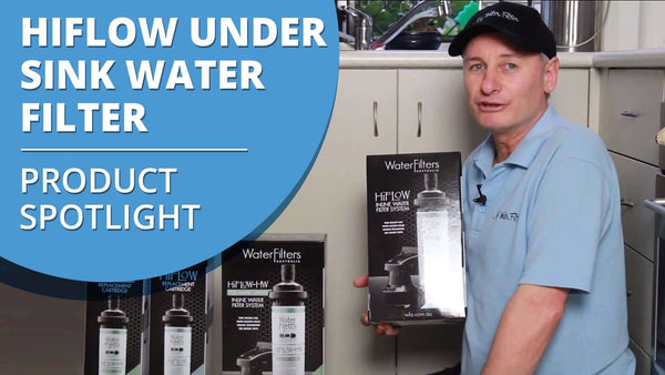 Rod from My Water Filter holds a box of the HiFlow 1 Micron Under Sink Inline Water Filter System, seated among similar products, accentuated by a large product spotlight sign. This premium system from HiFlow delivers top-tier water purification for your home.