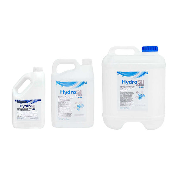 Three containers of HydroSil Ultra Silver Stabilised Hydrogen Peroxide Water Purification 7.5% in various sizes, featuring blue and white labels