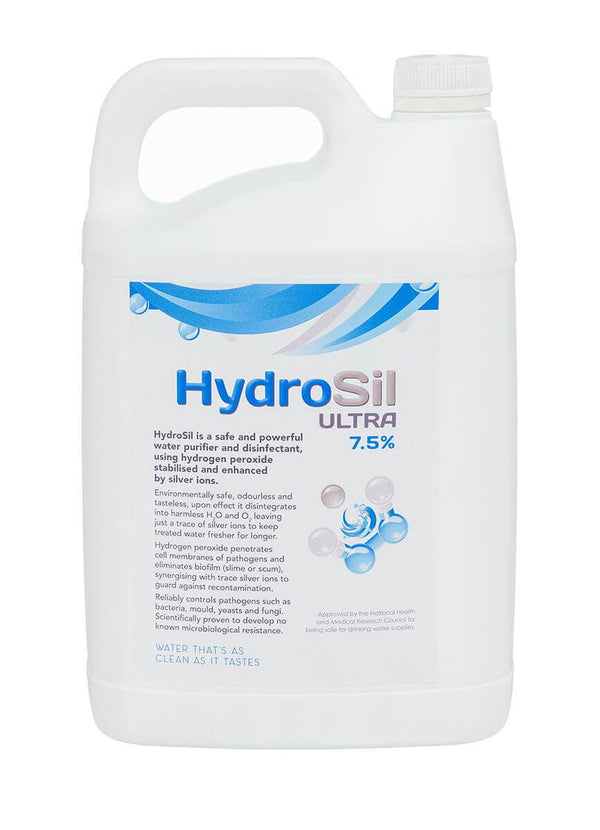 White HydroSil Ultra container with blue and silver labeling for 7.5% water purification.
