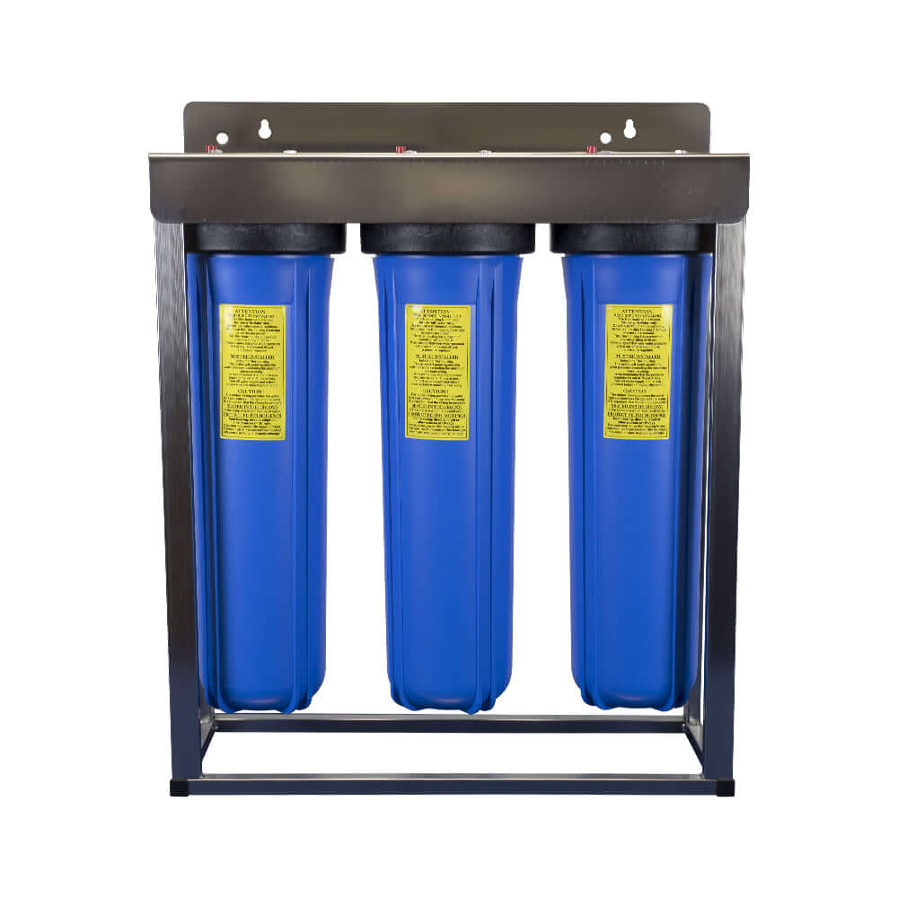 A My Water Filter system featuring three blue water filter housings mounted on a stainless steel frame.