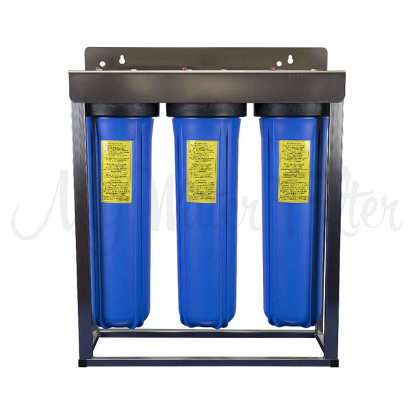 A My Water Filter system featuring three blue water filter housings mounted on a stainless steel frame.