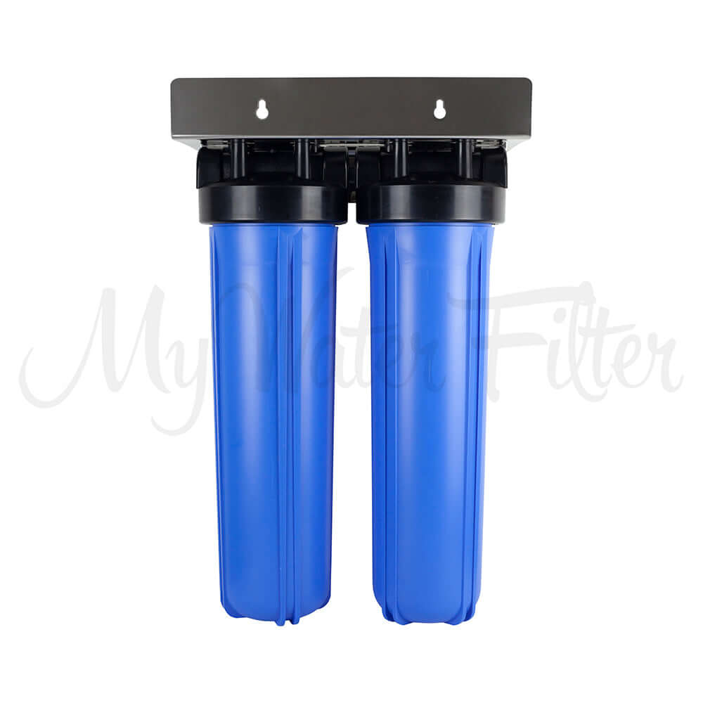 MWF 20" x 4.5" Twin Big Blue Whole House Rain Water Tank Water Filter System with Aragon, featuring a stainless steel mounting bracket.