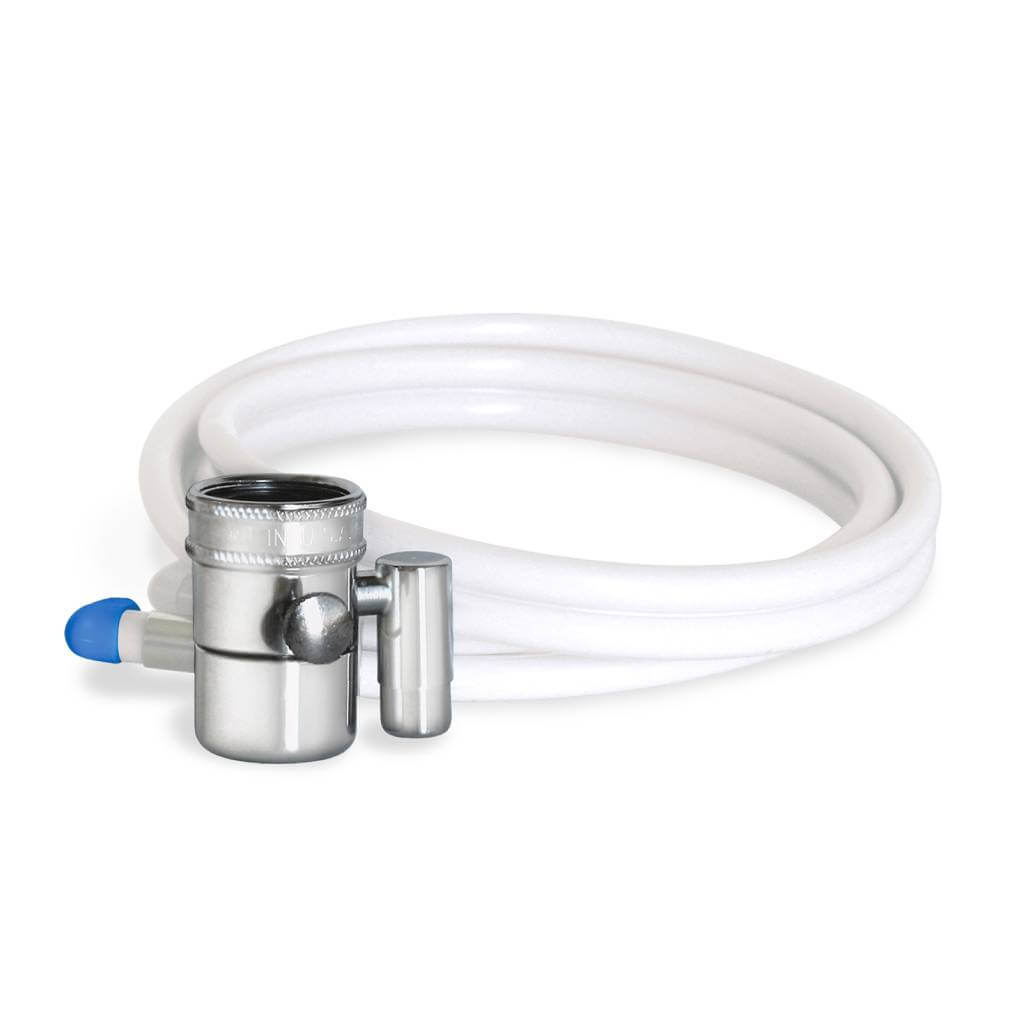 Aquasana's AQ-4000.16 Standard Diverter Hose, featuring a silver valve connected to a coiled white hose with a blue tip, designed for use with the Aquasana Countertop Drinking Water Filter.