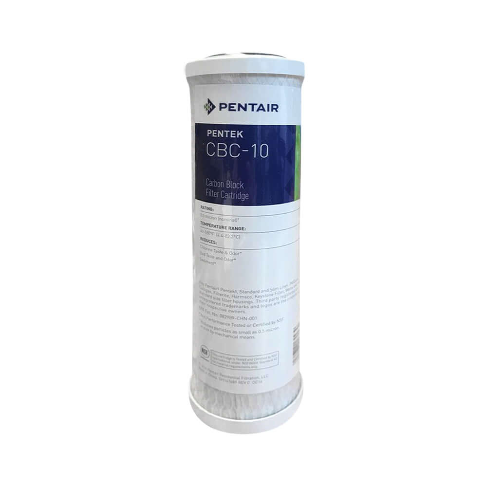 Pentek CBC-10 0.5 Micron Carbon Block Water Filter Replacement Cartridge, featuring a white cylindrical design with a visible label outlining specifications.