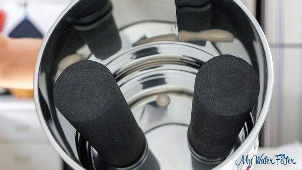 Close-up of two Phoenix Carbon Filter Cartridges in black inside a stainless steel container.