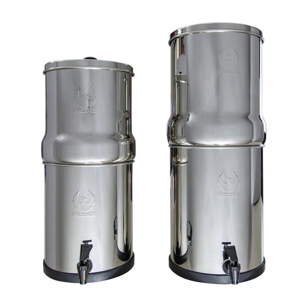 A pair of Phoenix stainless steel gravity water filter  with spigots, one larger (12L) and one smaller (8L)
