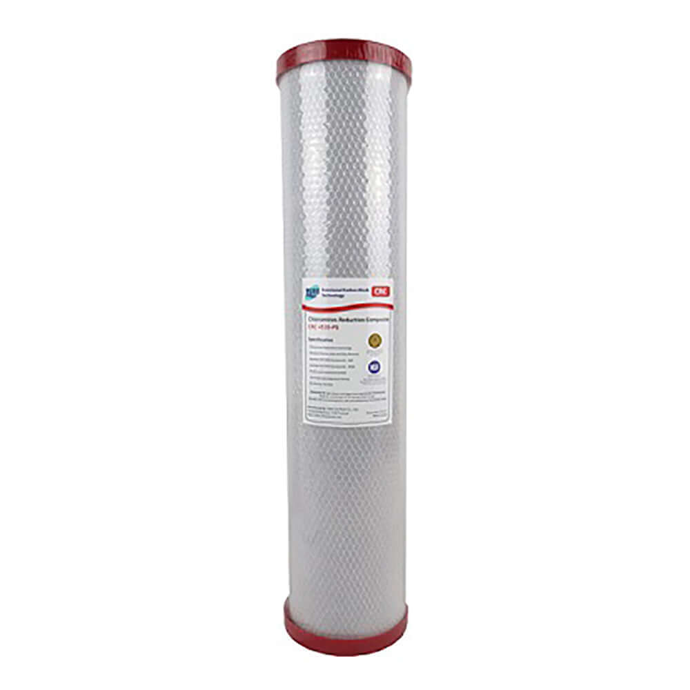 A white cylindrical carbon block filter with red end caps designed for chloramine reduction as part of the HPF 20" x 4.5" Triple Big Blue Whole House Chloramine Reduction Water Filter System.