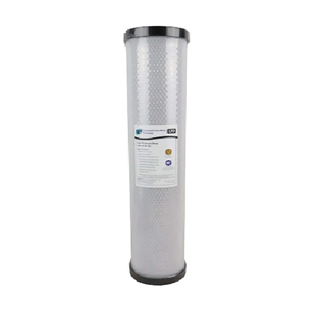 A cylindrical white mesh carbon block cartridge with black end caps as part of the HPF 20" x 4.5" Triple Big Blue Whole House Chloramine Reduction Water Filter System.