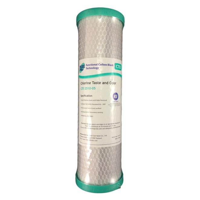 Pure CTO 5 Micron Carbon Block Water Filter Replacement Cartridge features green caps and a labeled wrapper designed to remove chlorine taste and odor.