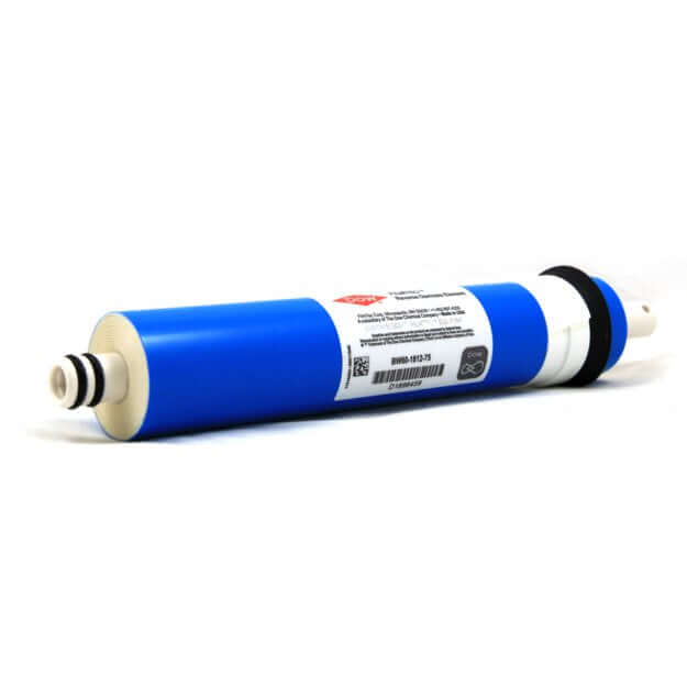Filmtec 75GPD Reverse Osmosis Membrane for RO 5000 Bench Top Reverse Osmosis featuring a blue membrane filter cartridge with label and connectors on both ends, isolated on a white background.