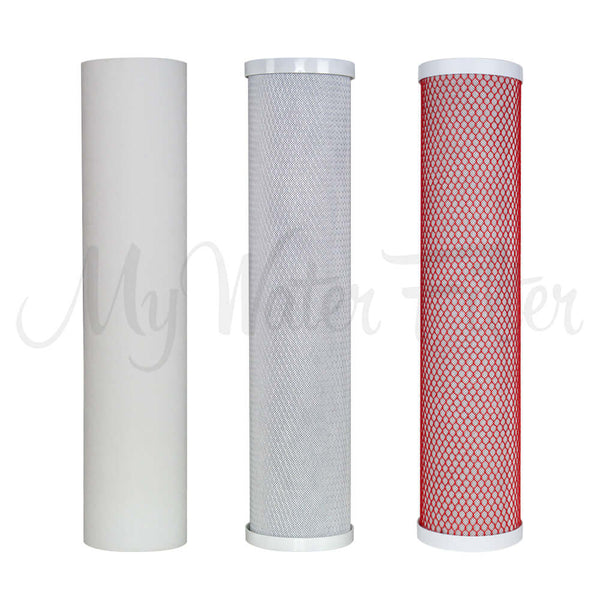 Three Replacement Cartridge Packs for the MWF 20" x 4.5" Triple Big Blue Whole House Water Filter System with Aragon are lined up vertically: polyspun sediment, carbon block and Aragon