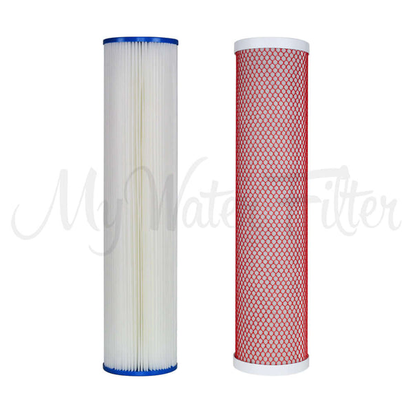 Two "Replacement Cartridge Pack for MWF 20" x 4.5" Twin Big Blue Whole House Rain Water Tank Water Filter System with Aragon" cartridges are placed next to each other, one featuring a pleated sediment cartridge with blue end caps and the Aragon showcasing a red mesh exterior.