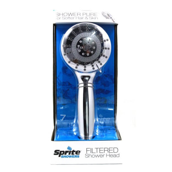 The Sprite Pure 7 Stage Hand Held Shower Head, crafted by Sprite, boasts a stylish filtered design with a chrome finish.  Enjoy improved water purity through its cutting-edge 7-stage shower filter technology.