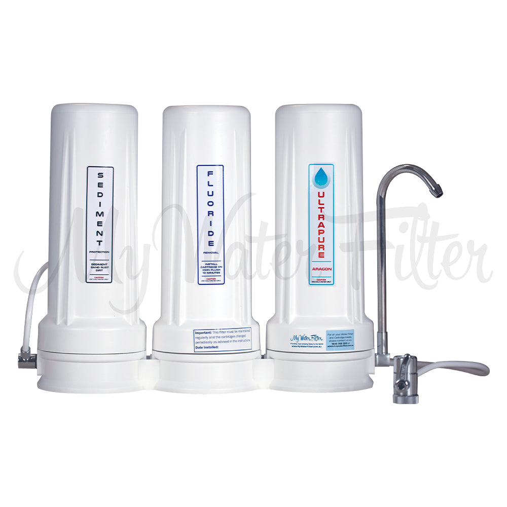ULTRAPURE Aragon 10" Triple Benchtop City Water Filter with Fluoride Removal & Sediment Protection with watermark