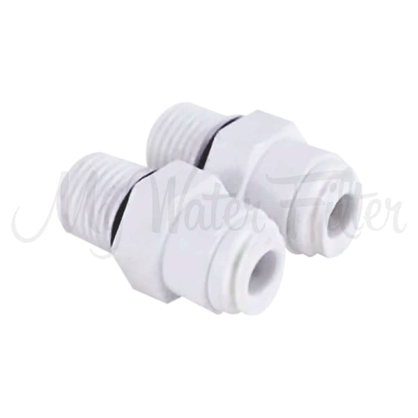 A pair of white plastic quick-connect fittings featuring threaded ends and designed for connecting tubing in water filtration systems. Each fitting is a 1 x Male elbow with a 1/8