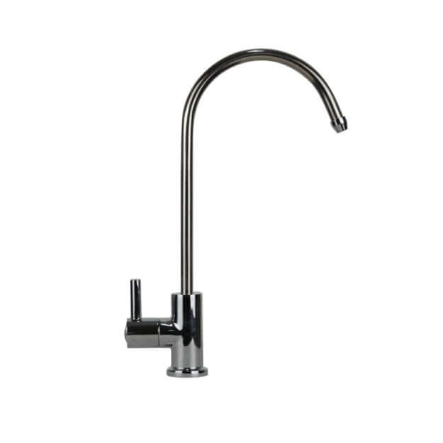The New Retro Long Reach Water Filter Faucet is a sleek chrome kitchen faucet featuring a single lever and curved spout.