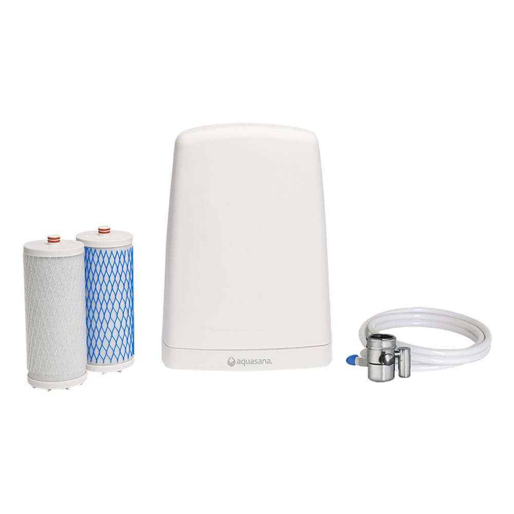 The Aquasana Countertop Drinking Water Filter (AQ-4000) - White features advanced Claryum® filtration technology and includes two replacement cartridges along with a connecting hose. As an NSF Certified product, it ensures you have access to clean, great-tasting water directly from your tap.